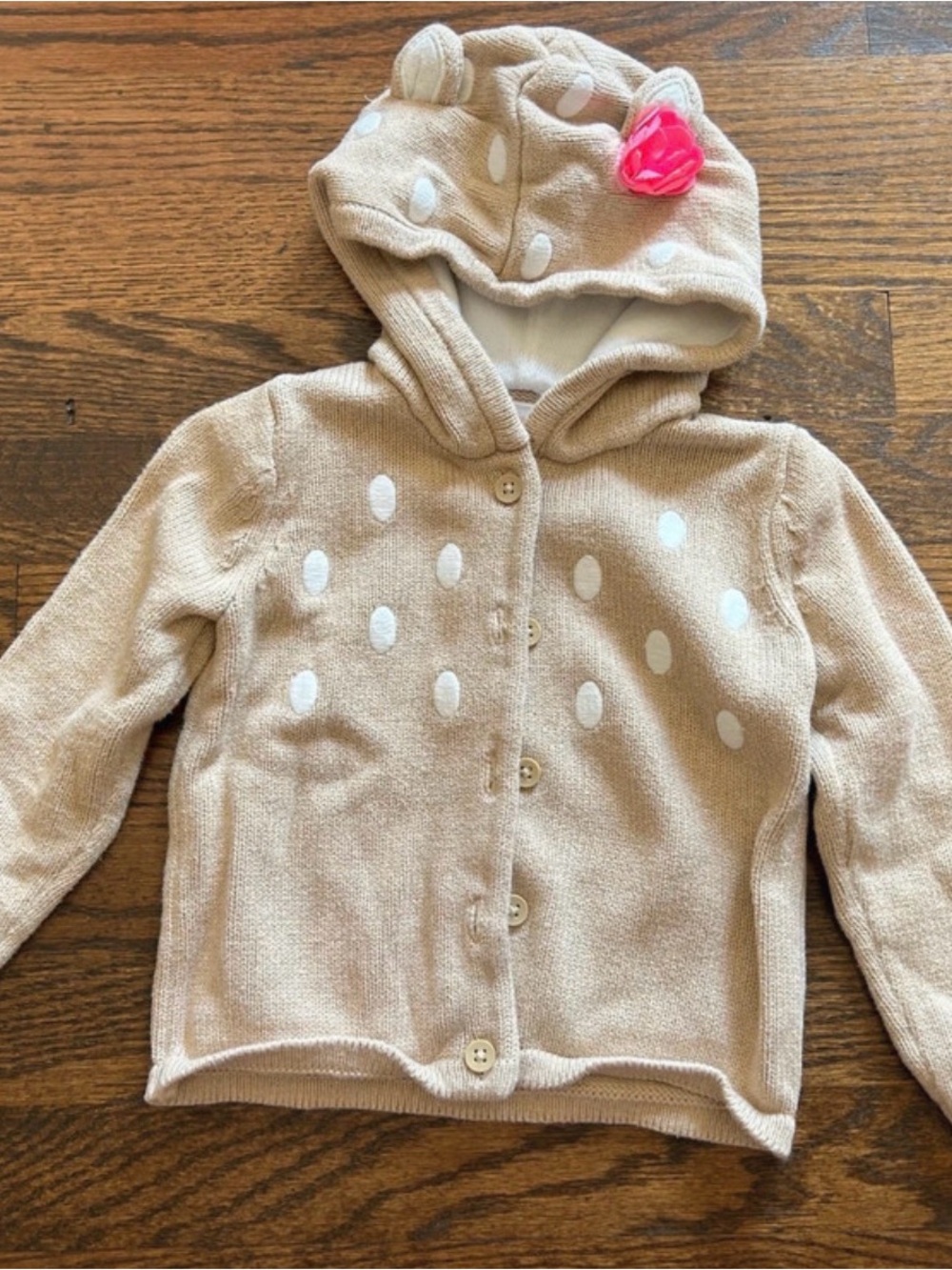 Gymboree Cream Hooded Cardigan with White Polka Dots and Pink Flower